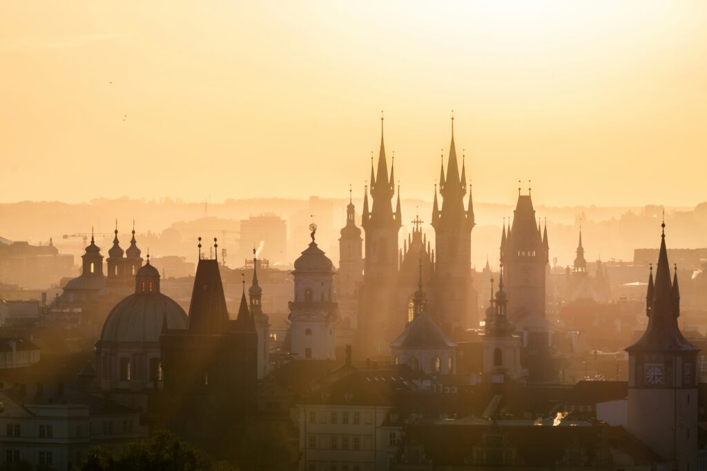 Foggy panorama picture of the city of Prague.